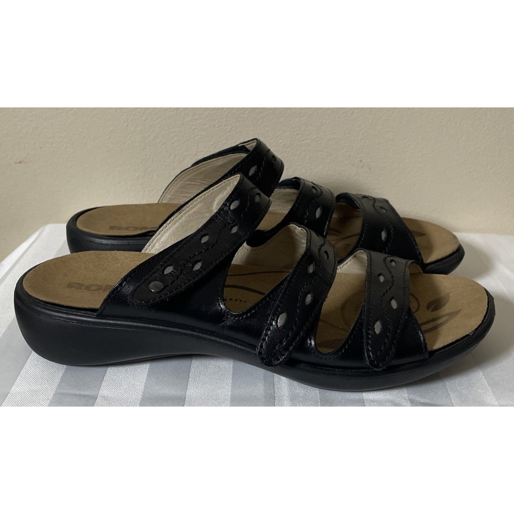 Romika Ibiza 66 Black‎ Leather Steappy Sandals Women's Size 9 Adjustable Straps
